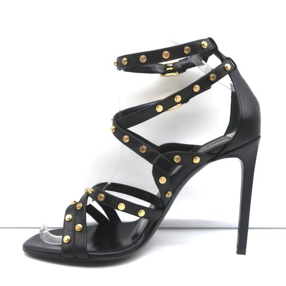 SAINT LAURENT STUDDED SANDALS JERRY BLACK LEATHER SIZE 39 STRAPPY HEELS NEW - Picture 7 of 12
